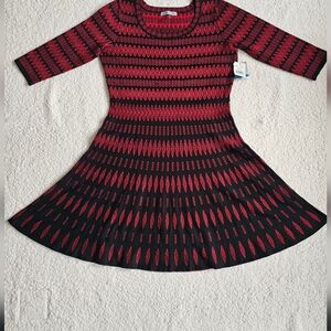 Danny & Nicole Red/Black Rayon Round Neck Long Sleeve Knee Length Dress XL